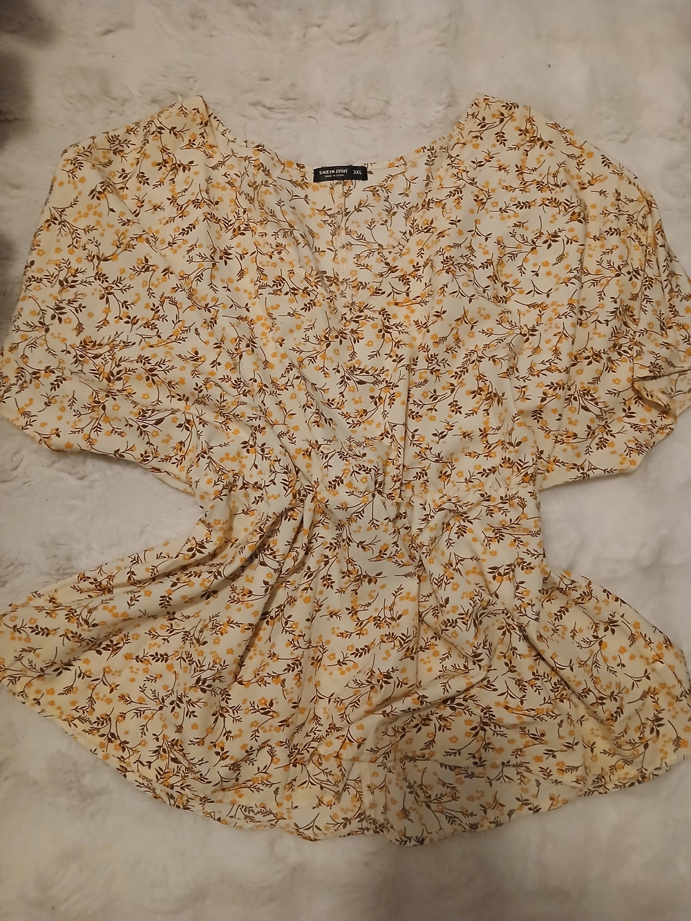 Cream With Yellow Floral V-Neck Peplum Blouse